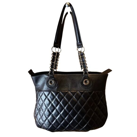 CLAUDIA FIRENZE Black Diamond Leather Cowhide Dual Handle Italy Zip Closure EUC - Picture 1 of 10
